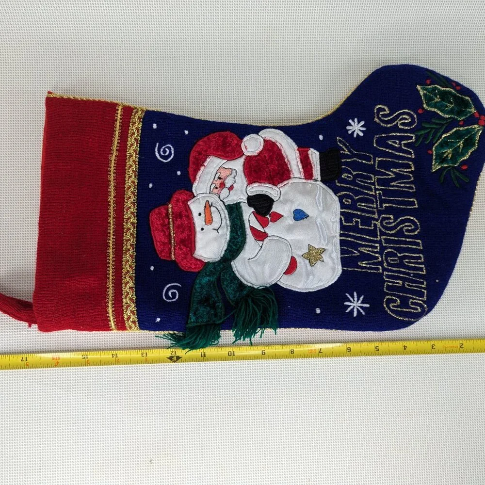 Santa & Snowman Merry Christmas Blue & Red Christmas Stocking